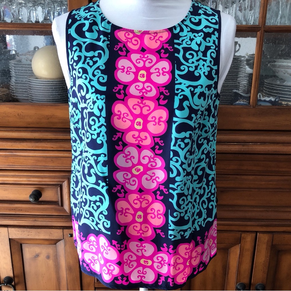Lilly Pulitzer Sleeveless Navy, Turquoise & Hot Pink Floral-Print Top